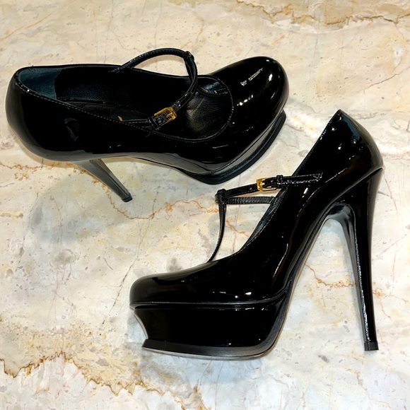 Yves Saint Laurent Black Patent Leather T-Strap “Tribute” Platform Heels. - Picture 6 of 10